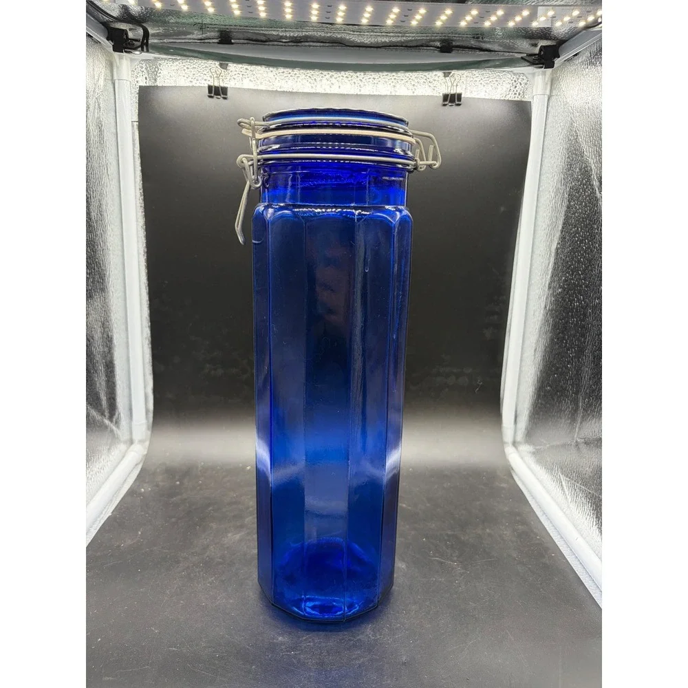 Vintage Cobalt Blue Glass Canister Octagonal Faceted Jar Wire Bale Swing Top Lid